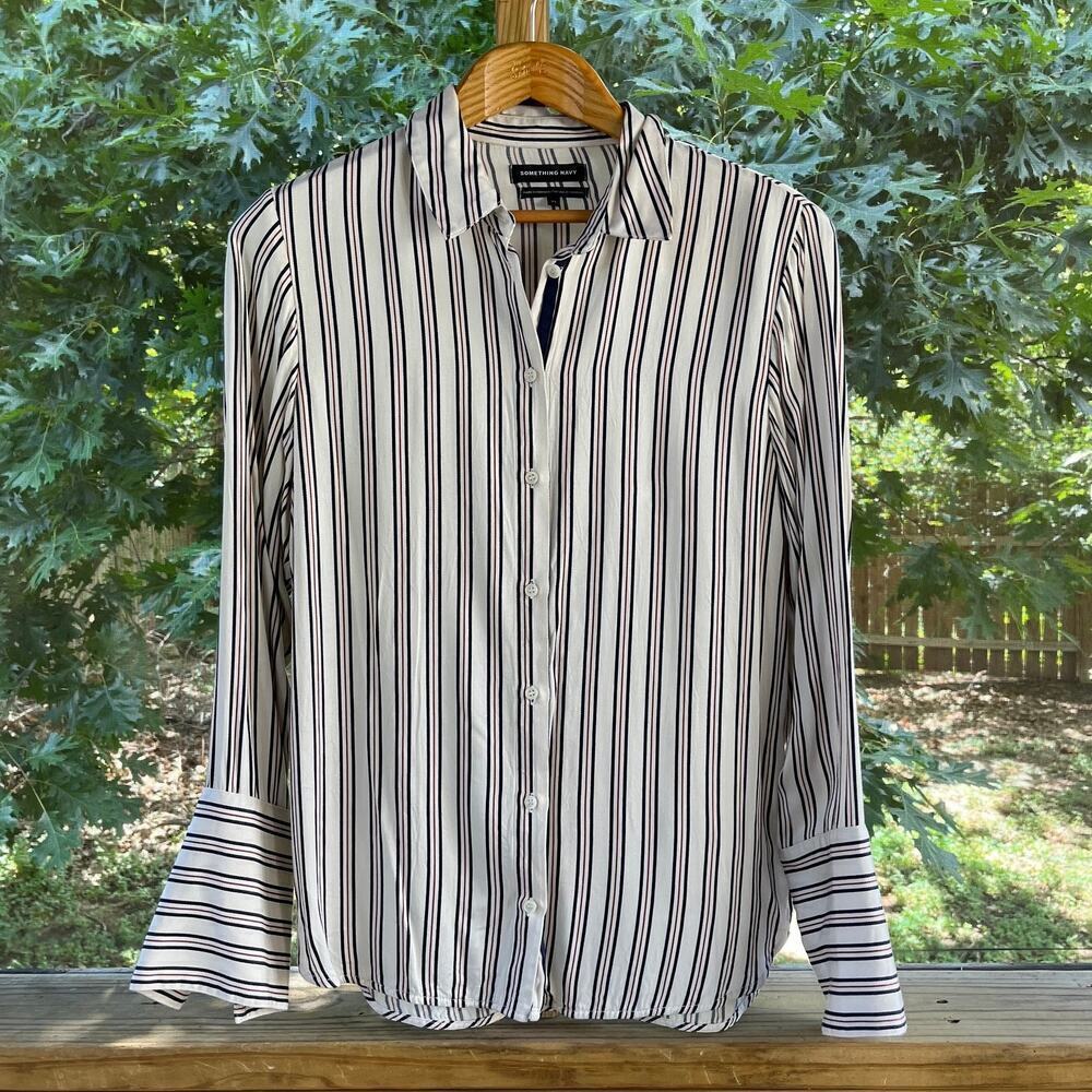 Something Navy Women's Striped Button Down Blouse Oversized Cuffs Size XS.
